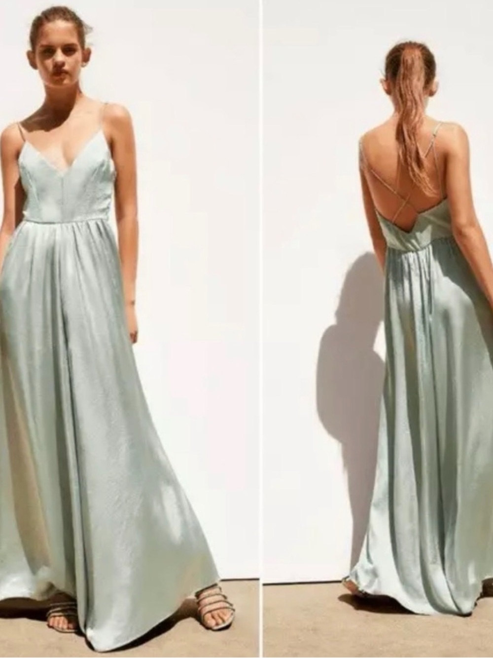 Zara Elegant Sage Green Spaghetti-Strap Wide Leg Jumpsuit-Maxi Dress